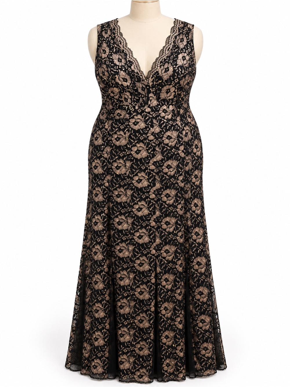 Black Lace Maxi Dress with Nude Lining - V-Neck Formal Gown